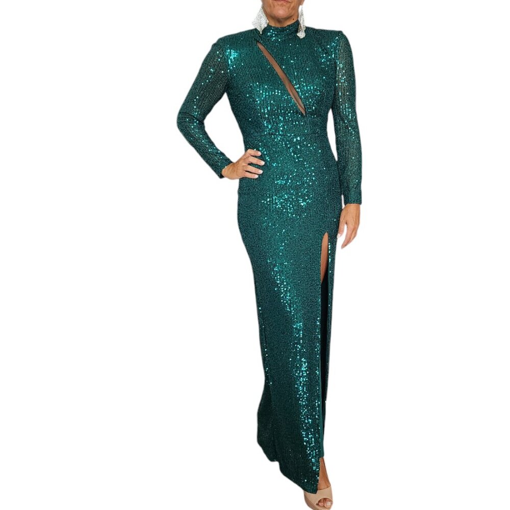 Women's Long Sleeve Formal Green Evening Dress Teal Sequin Gown Size XS